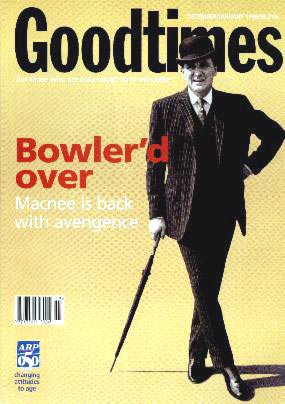 Front cover of Goodtimes magazine featuring Patrick Macnee, December 1999.