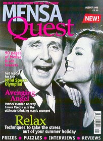Patrick Macnee and Diana Rigg on the cover of Mensa Quest, August 98.