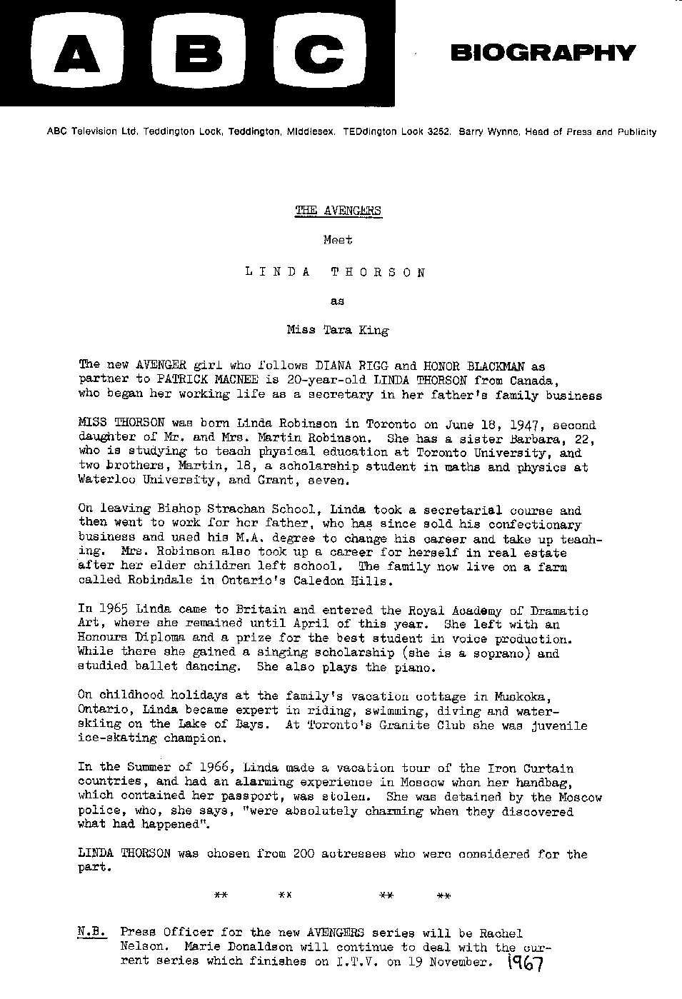 Linda Thorson biography