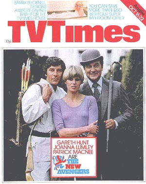 Gareth Hunt, Joanna Lumley and Patrick Macnee on the cover of TV Times, October 76.