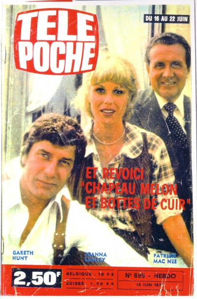Gareth Hunt, Joanna Lumley and Patrick Macnee on the cover of Belgian magazine, Telepoche, June 79.
