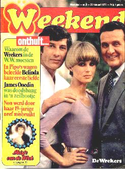 Gareth Hunt, Joanna Lumley and Patrick Macnee on the cover of Weekend magazine, Holland, 1977.