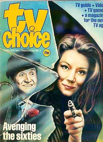 Illustration of Patrick Macnee and Diana Rigg on the cover of TV Choice magazine, November 82.